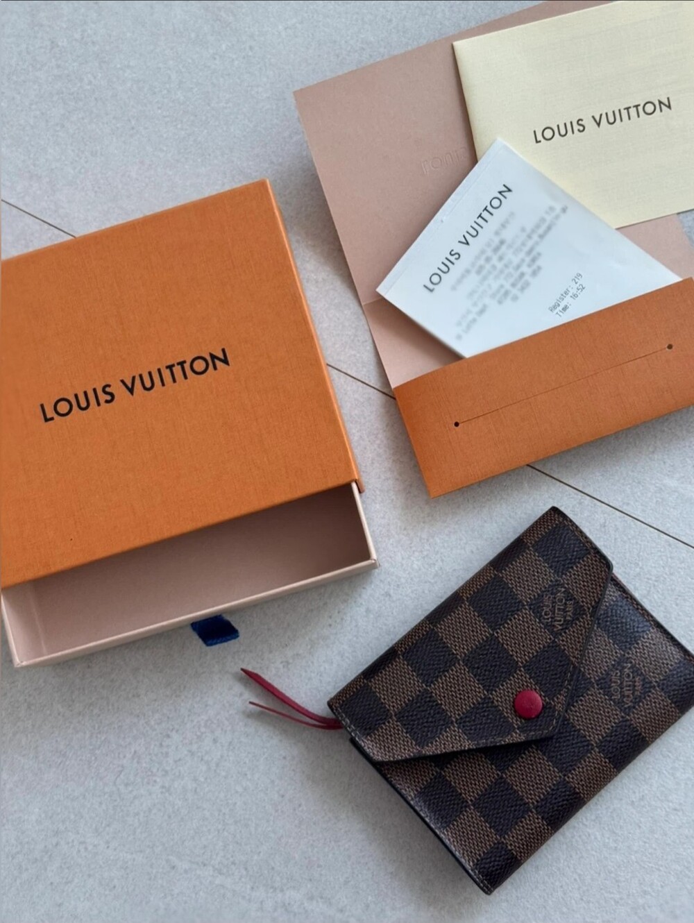 Louis Vuitton Damier Ebene Envelope Wallet with Red Snap